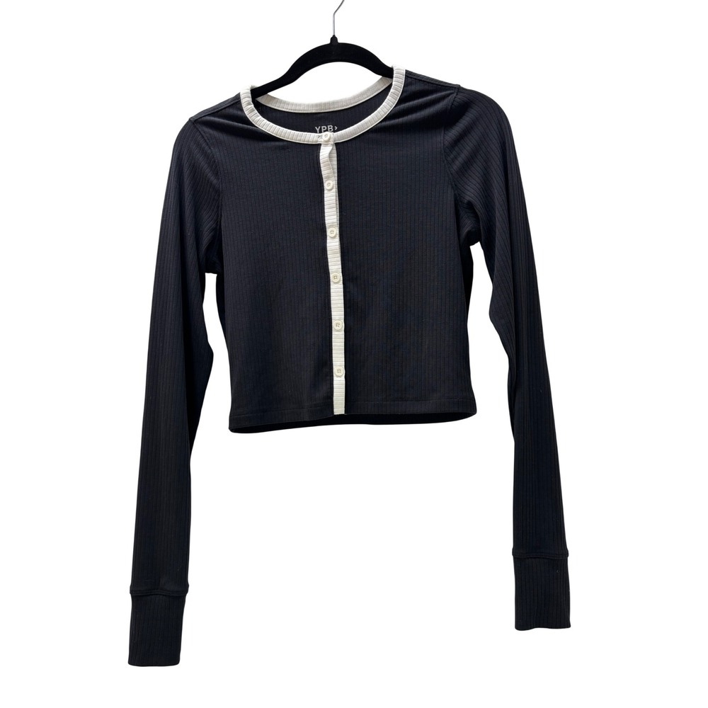 YPB Abercrombie & Fitch Black Ribbed Button Front Long Sleeve Cropped Top Small